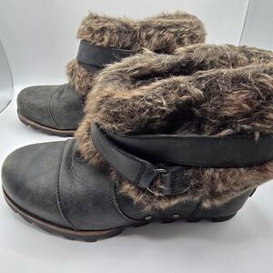 Sorel Joan Of Arctic Booties Faux Fur Leather Wedge Ankle Boot Women 8